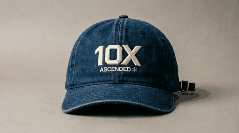 Animated rotation of ten dark denim 10X hats with increasingly qualified claims